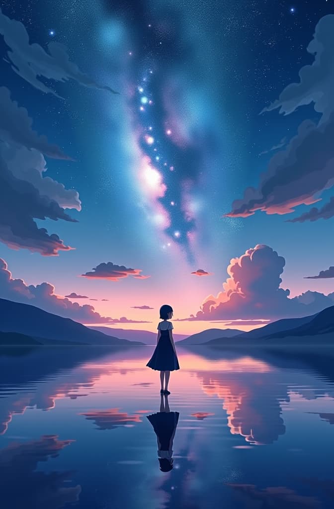  un cielo estrellado con la vía láctea visible, sobre un lago en calma, anime concept art by hayao miyazaki, featured on pixiv, fantasy art, concept art, official art, high detailed hyperrealistic, full body, detailed clothing, highly detailed, cinematic lighting, stunningly beautiful, intricate, sharp focus, f/1. 8, 85mm, (centered image composition), (professionally color graded), ((bright soft diffused light)), volumetric fog, trending on instagram, trending on tumblr, HDR 4K, 8K