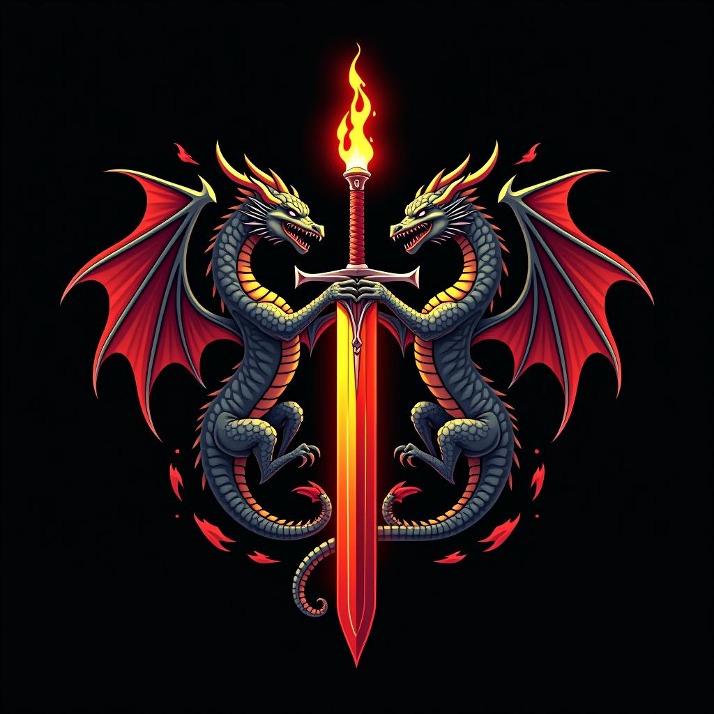  design a logo, custom sticker design on an isolated black background decorated by mythical dragons and a flaming sword