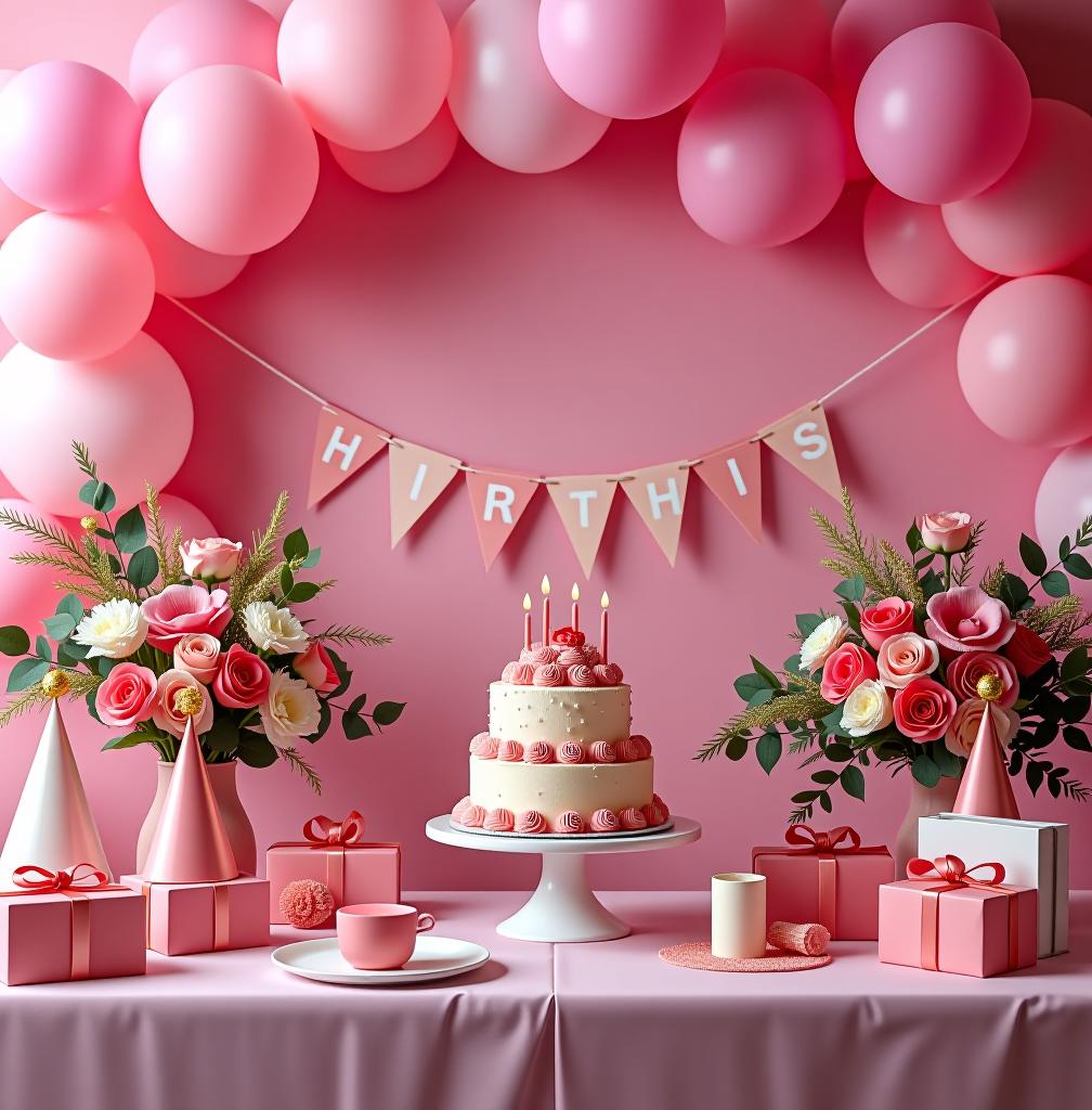  birthday photo scene, without people, rich details, visually appealing, main color tone is pink, colorful decorations, balloons, cake, presents, vibrant atmosphere, festive mood, floral arrangements, party hats, table setting, bunting banners, soft pastel colors, elegant backdrop, stylish props. highly detailed photo, sharp details, best quality, 4k, raw photo, award winning, professional, highly detailed, masterpiece