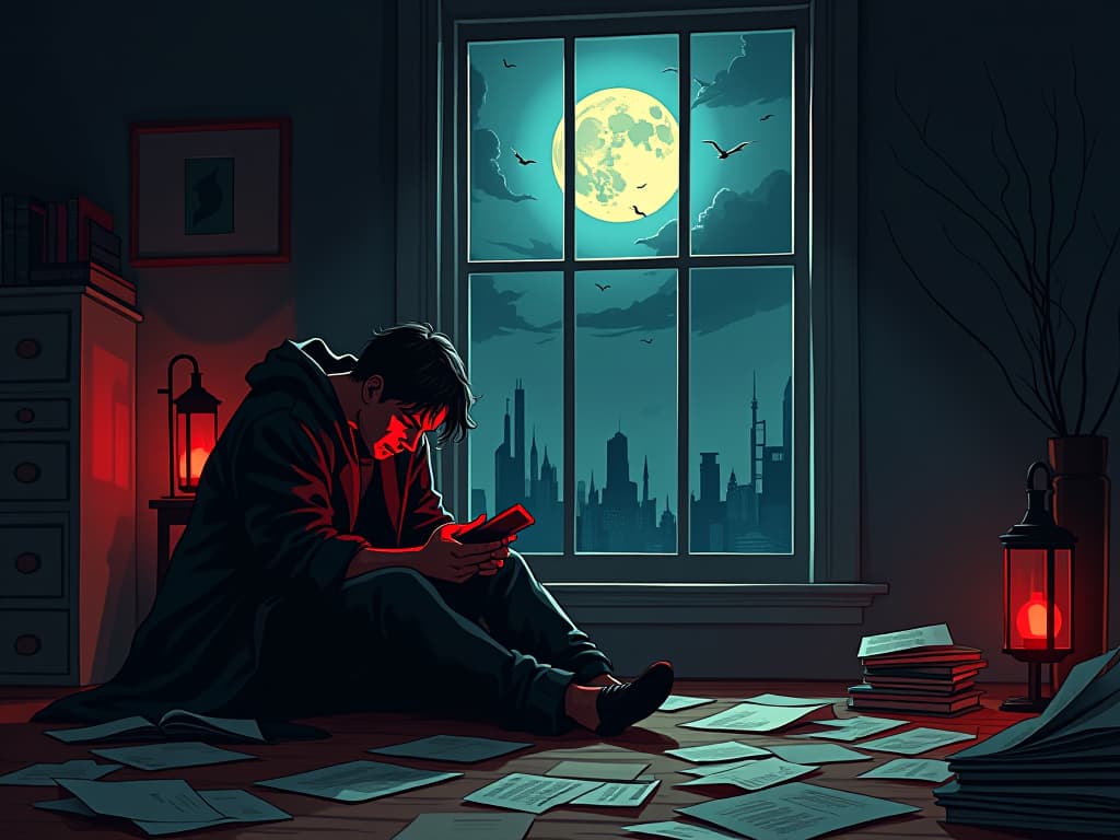  person clutching at nightmarish visions, moonlight streaming through a window, papers and books scattered, air of insomnia and distress. the style is digital art illustration / modern comic book / graphic dark novel fantasy and mysterious occult, symbolic, moody lighting, esoteric vibe,high detail on character design. for the color scheme emphasize blacks and reds.