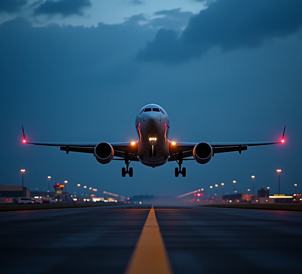  airplane departure from the ground, flying up in the air on an airport during the evening or night, front view photography. commercial aircraft flight transport, takeoff or landing