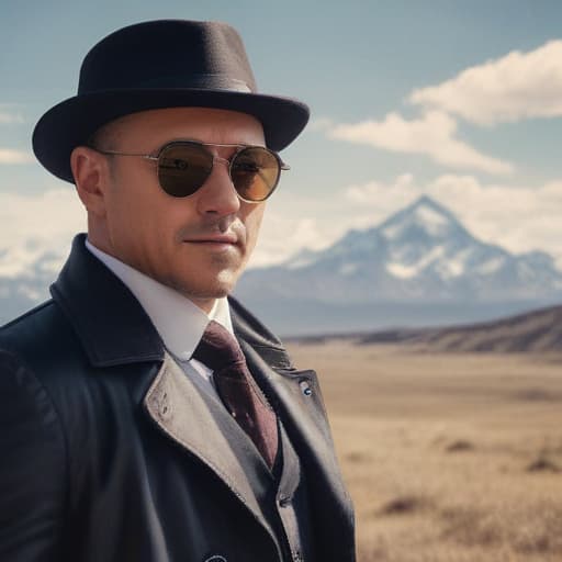 Reymond reddington with sunglasses in Steampunk style with Mountains background