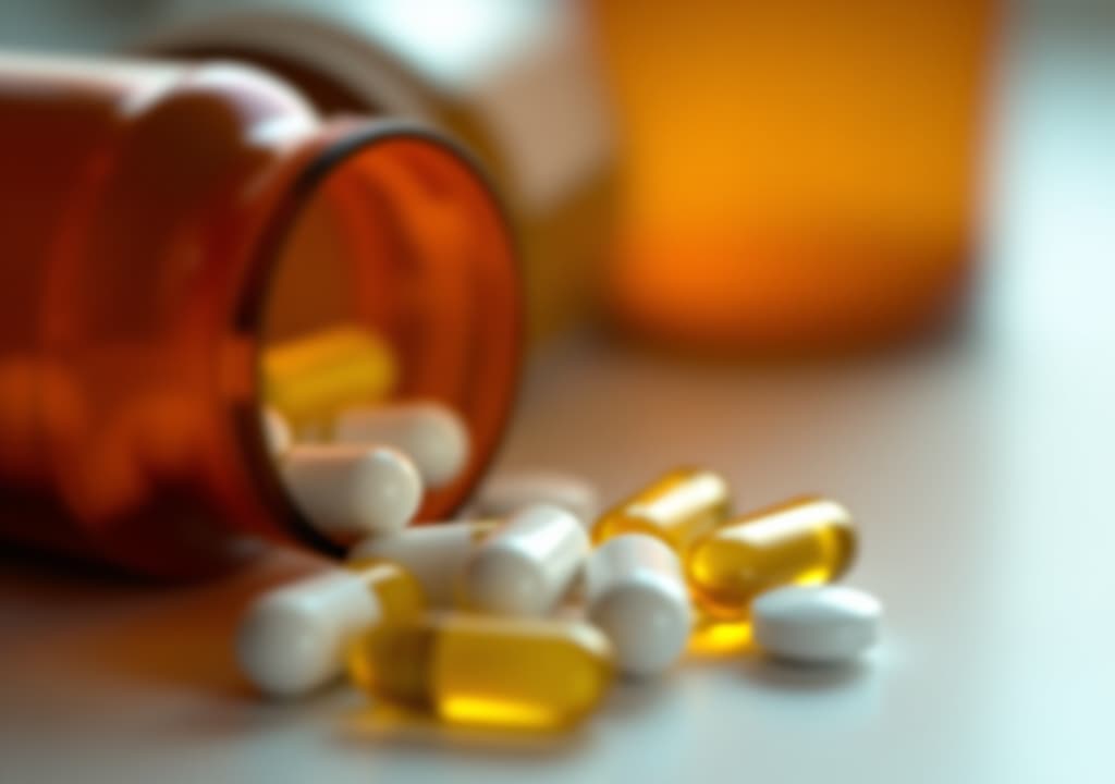  close up of amber pill bottles with white and yellow capsules against soft, illuminated background.