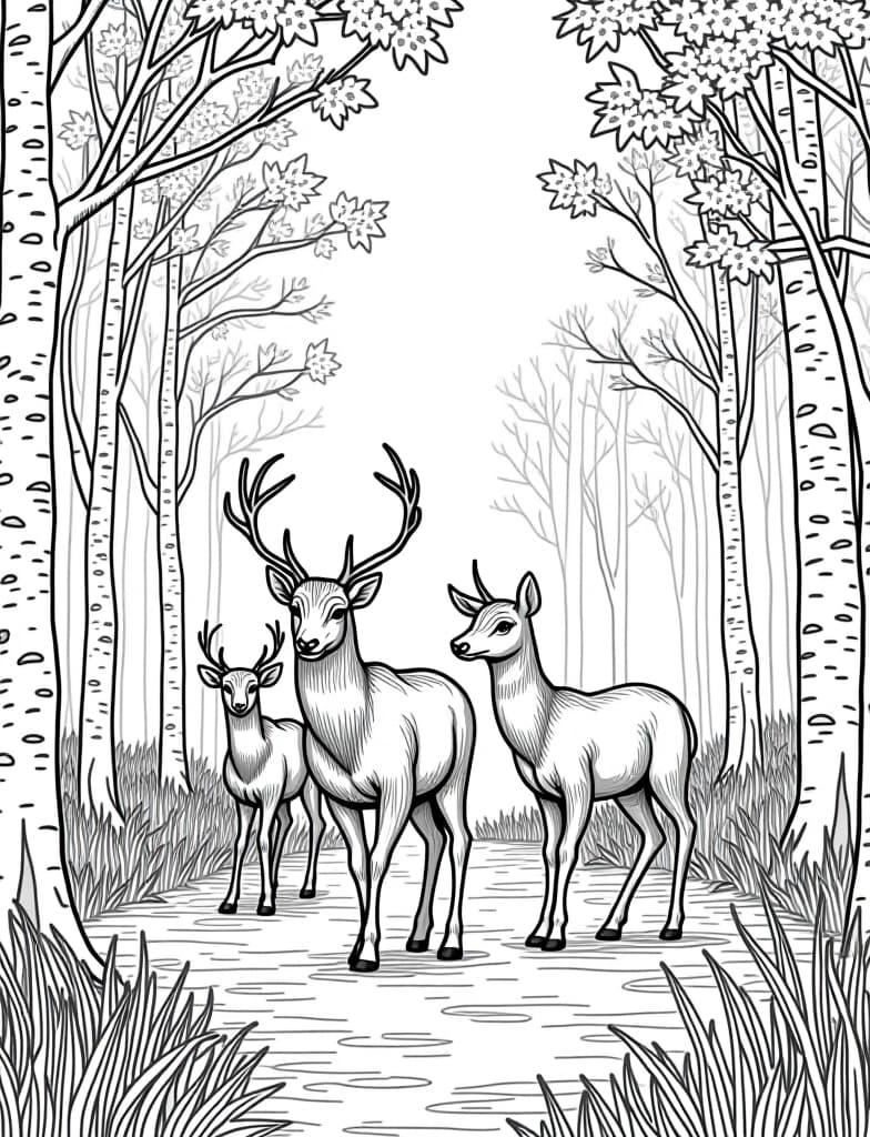  a family of deer walking through an autumn forest, black and white line art on a white background, for an adult coloring page.