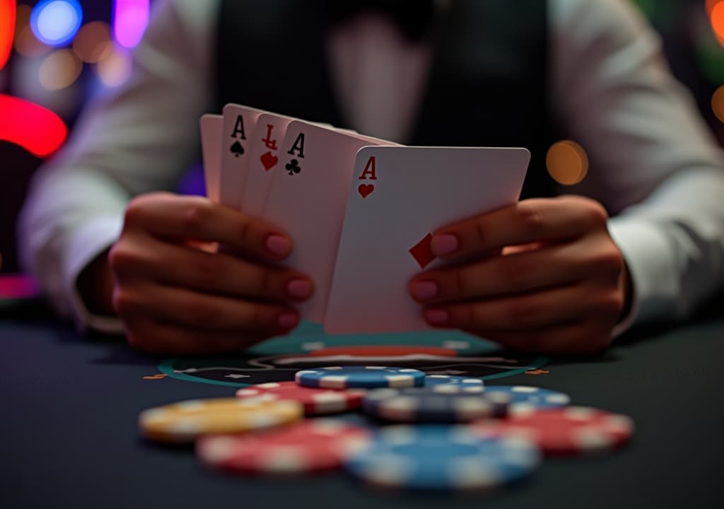  close up view of a poker player holding cards and poker chips on a casino table. the scene captures the essence of a high stakes poker game. vivid lighting creates an intense ambiance.