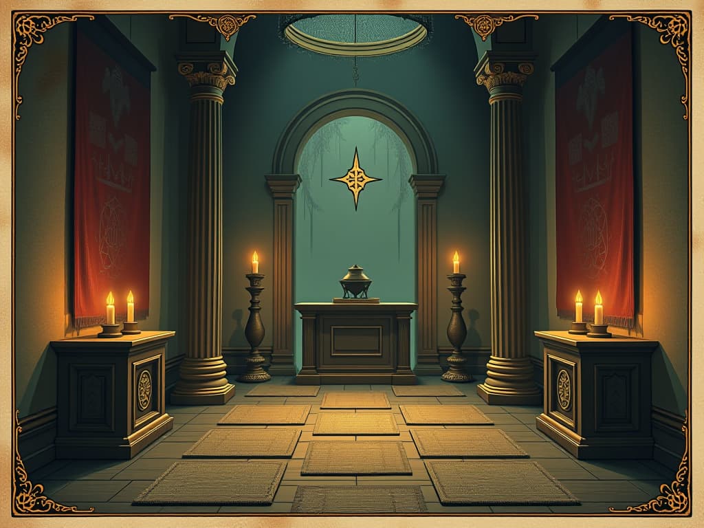  a tranquil sanctuary with soft lighing, floor covered in woven mats, walls adorned with sacred symbols and tapestries, soothing and holy atmosphere. an illustration in the style of a worn, mystical old tarot trump card, mysterious and elements of surrealism. the colors are muted, somber and eerie, but with contrast bring out an occult and esoteric vibe.