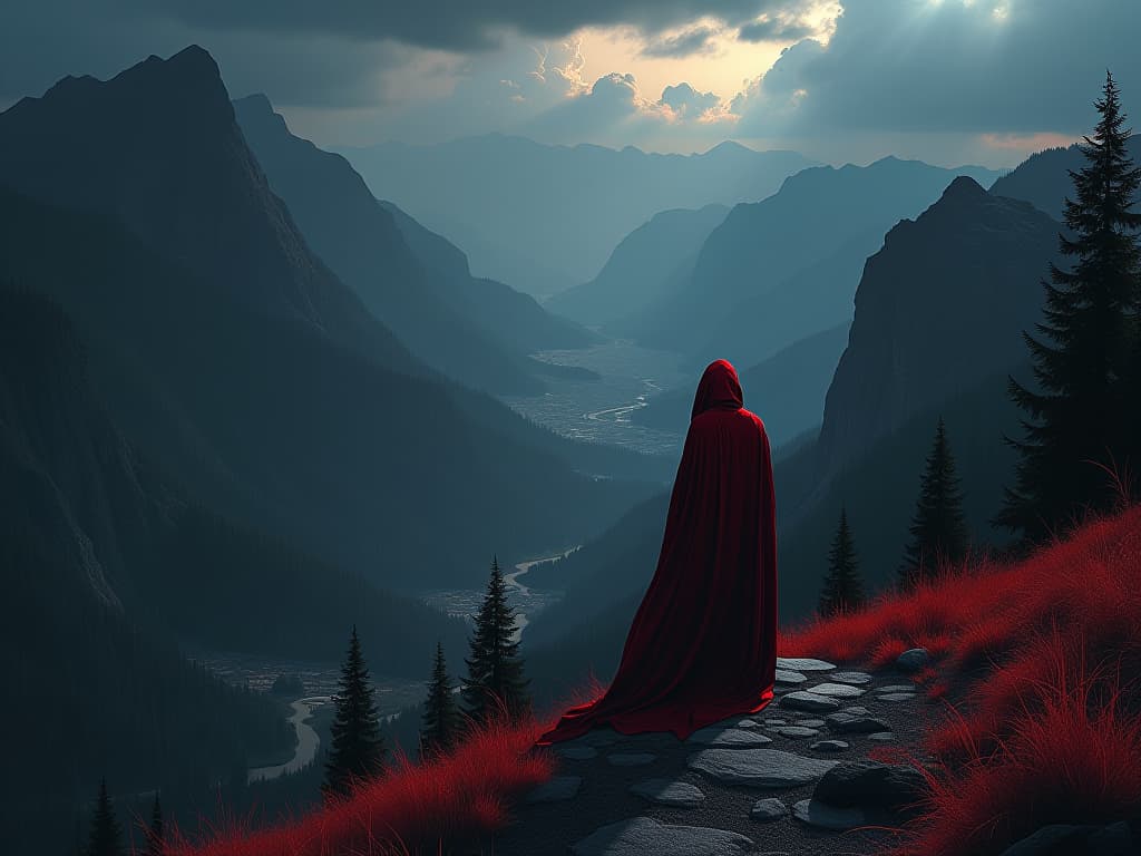  red cloaked figure on mountain path, overlooking scenic valley, sense of aspiration. the style is digital art illustration / modern comic book / graphic dark novel fantasy and mysterious occult, symbolic, moody lighting, esoteric vibe,high detail on character design. for the color scheme emphasize blacks and reds.