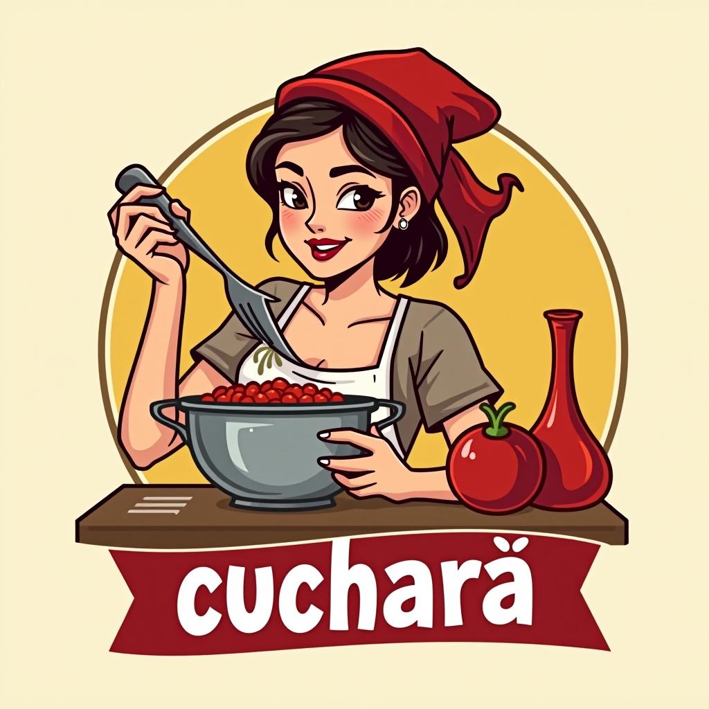  design a logo, una mujer moviendo con una cuchara una olla con comida , with the text 'cuchara de palo '.