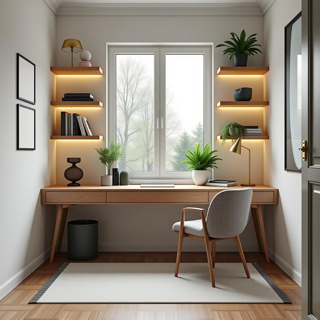  a chic and functional home office space with modern furniture, a sleek wooden desk, ergonomic chair, minimalistic shelves, potted plants, natural lighting from a large window, and elegant décor in neutral tones with hints of gold and green accents