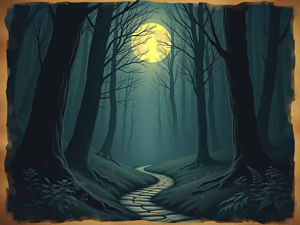  moonlit forest, mystical aura, dark hues, shadows blending, ethereal glow, dense foliage, hidden paths, sense of transition, eerie quiet. an illustration in the style of a worn, mystical old tarot trump card, mysterious and elements of surrealism. the colors are muted, somber and eerie, but with contrast bring out an occult and esoteric vibe.