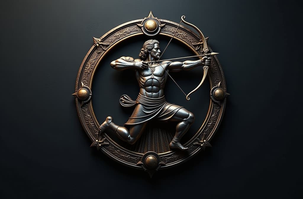  epic realistic, hyperdetailed, (cycles render:1.3), caustics, (glossy:0.58), (artstation:0.82),sagittarius zodiac sign (man with bow and arrow) logo badge design metal style, center of frame, dark monochromatic background ar 3:2