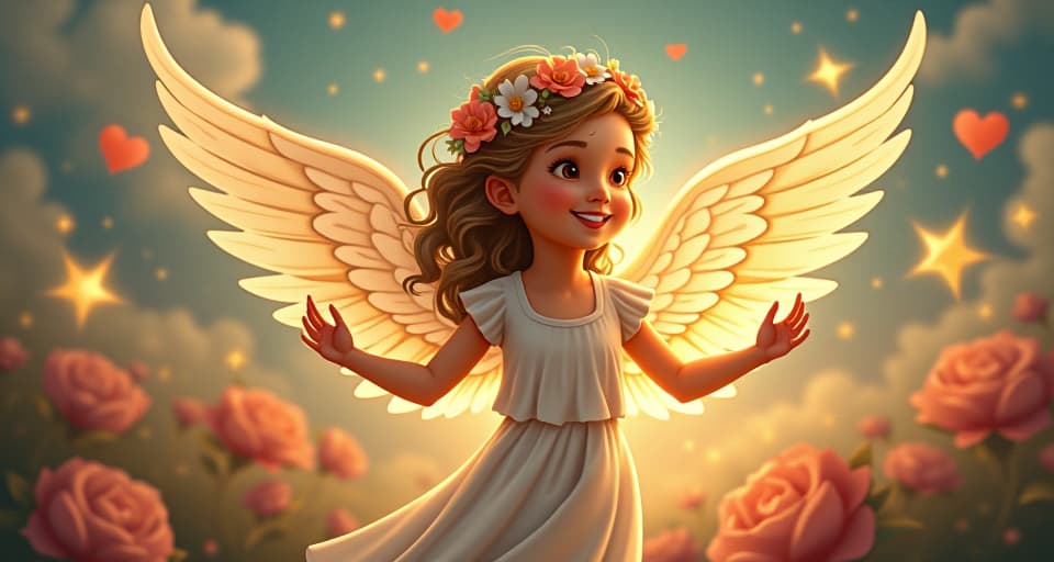  whimsical angel with floral wings, radiating light, surrounded by celestial symbols, atmosphere of love infiltrating thoughts and decisions. the style is digital art illustration,highly detailed, whimsical,magical, dreamlike atmosphere, realism and fantasy blend, smooth, glossy textures,luminous quality, wonder and enchantment.