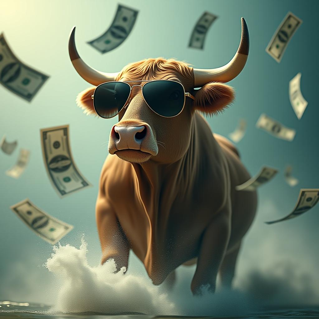  hyper realistic image of a bull wearing sun glasses and swimming shorts with money flying in the background hyperrealistic, full body, detailed clothing, highly detailed, cinematic lighting, stunningly beautiful, intricate, sharp focus, f/1. 8, 85mm, (centered image composition), (professionally color graded), ((bright soft diffused light)), volumetric fog, trending on instagram, trending on tumblr, HDR 4K, 8K