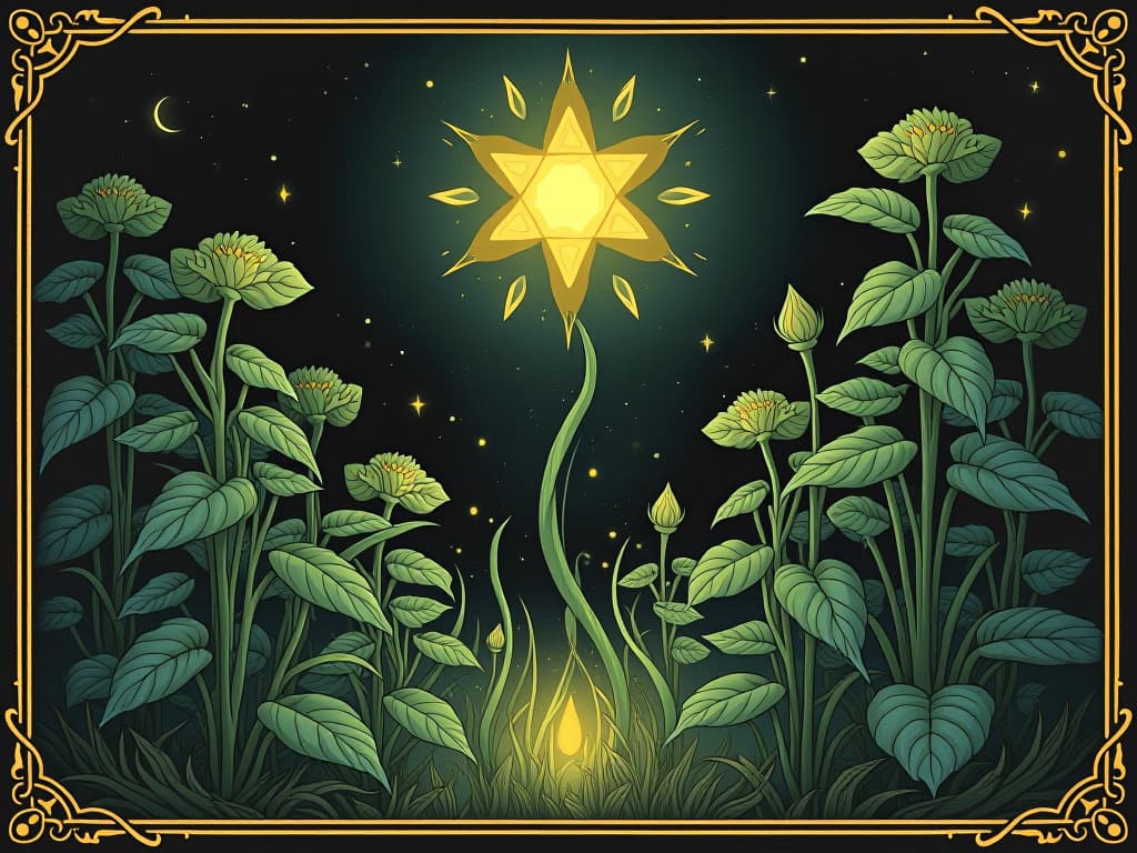  plants glowing with divine energy, conduits of life force, harmonizing and balancing the garden, spiritual essence. an illustration in the style of a worn, mystical old tarot trump card, mysterious and elements of surrealism. the colors are muted, somber and eerie, but with contrast bring out an occult and esoteric vibe.