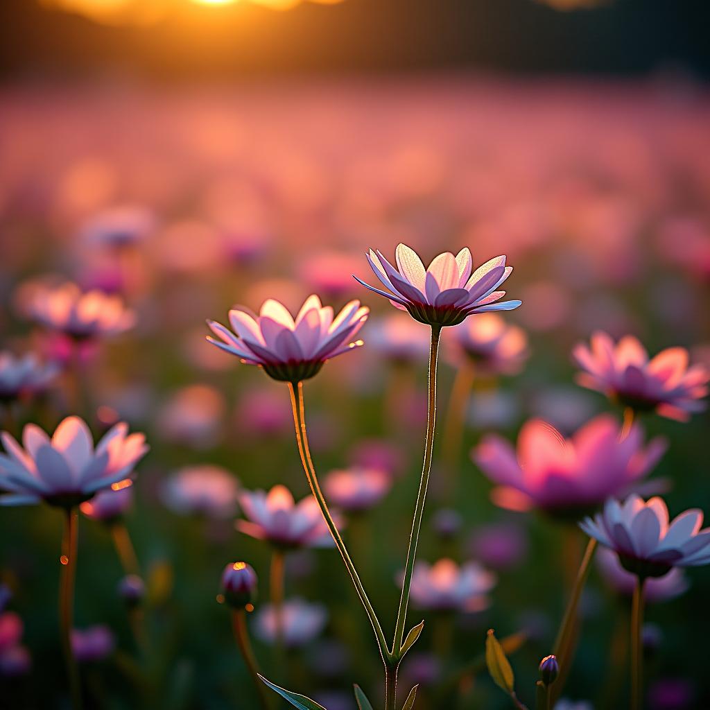  a detailed photo of a shimmering flower field comprised of multiple flowers. each flower within the field is glowing slightly and is a different color. some flowers are sapphire. some flowers are ruby. some flowers are emerald. pollen is drifting away from the flowers in a soft pastel pink colour, leaving a trailing haze of pink in the atmosphere. it is the golden hour and it is the picturesque british countryside.