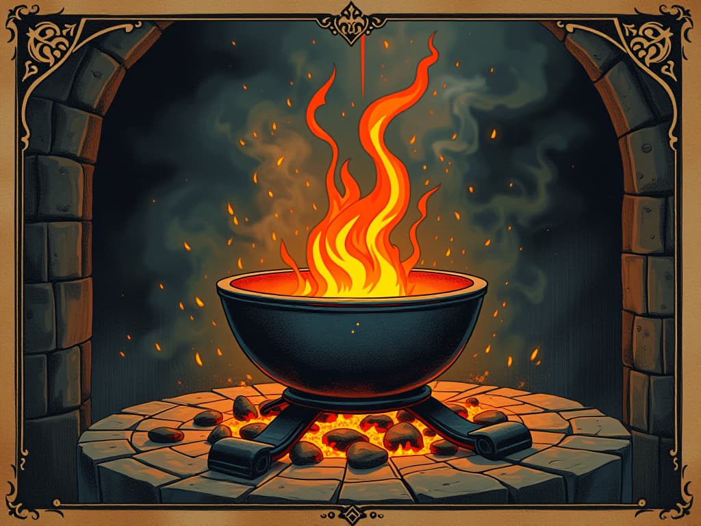  a crucible with flames and molten metal, symbolic of transformation, intense heat and bright glowing metal, backdrop of a forge, alchemical, transformative, intense. an illustration in the style of a worn, mystical old tarot trump card, mysterious and elements of surrealism. the colors are muted, somber and eerie, but with contrast bring out an occult and esoteric vibe.