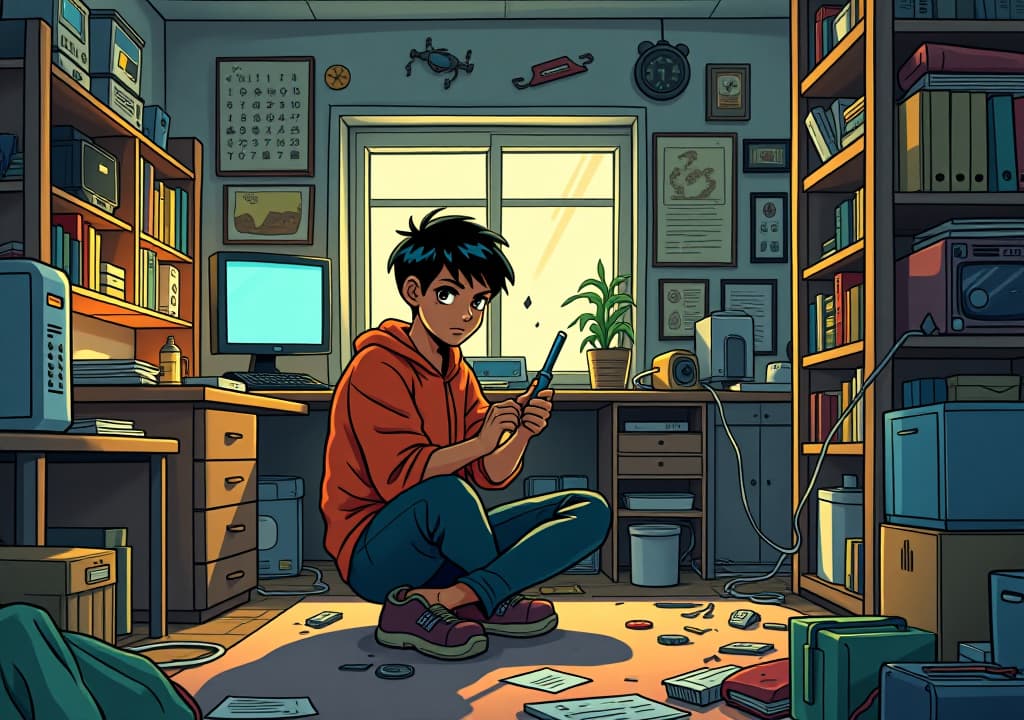  good quality, high quality, manga sytle, visual description: pranav in his cluttered bedroom, filled with scattered robot parts, wires, and computers. he is in the foreground, adjusting a wire with intense focus.text (top left, narration box): "meet pranav ajay, a genius programmer with one goal in mind..."