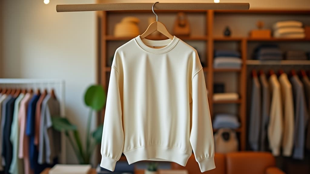  a cozy boutique clothing store interior with a focus on a plain cream colored sweatshirt hanging on a wooden hanger