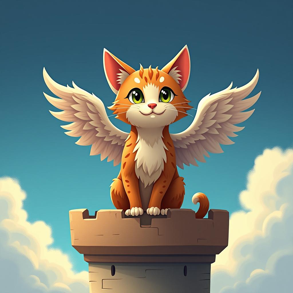  a little cat with wings is sitting on a tower.