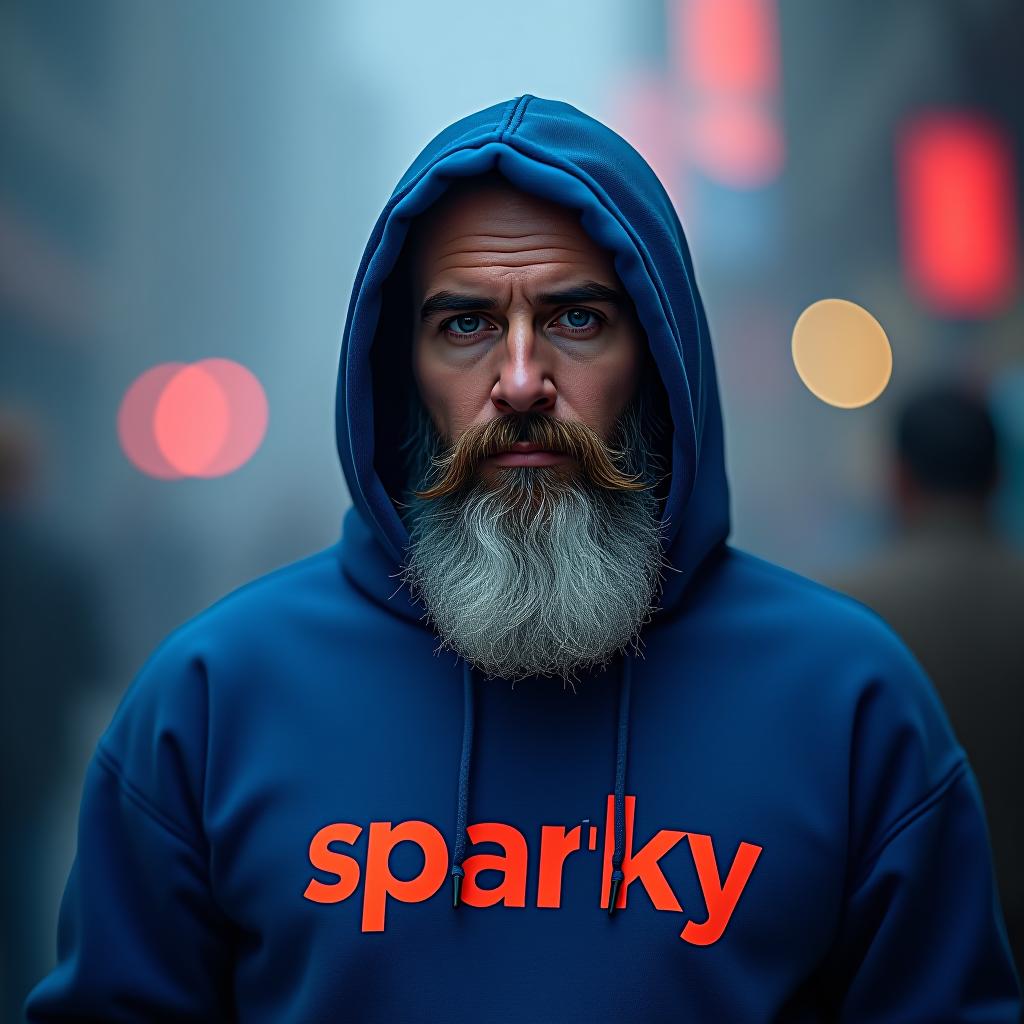  white man with a cool beard master of crypto with a blue hoodie with sparky written on it hyperrealistic, full body, detailed clothing, highly detailed, cinematic lighting, stunningly beautiful, intricate, sharp focus, f/1. 8, 85mm, (centered image composition), (professionally color graded), ((bright soft diffused light)), volumetric fog, trending on instagram, trending on tumblr, HDR 4K, 8K