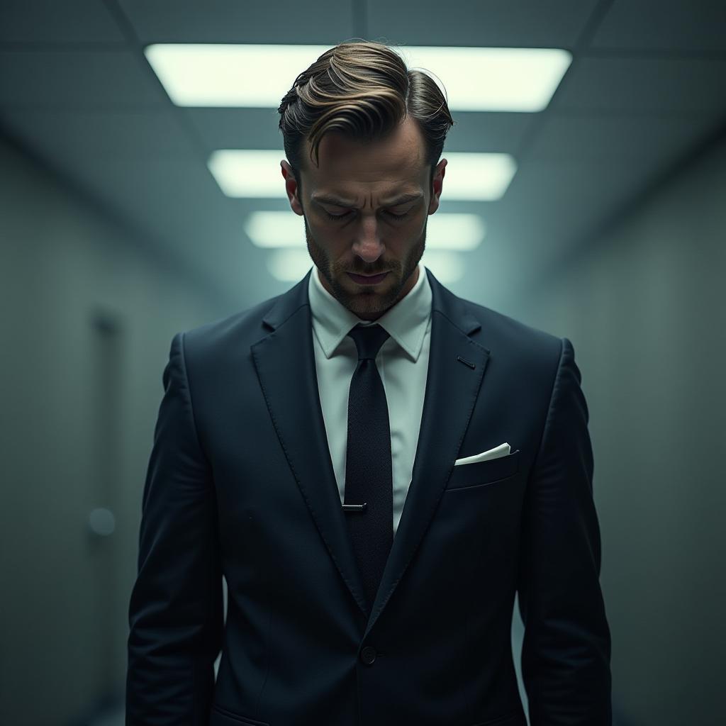  a man in a suit, the manager of a company, looks overwhelmed and sad. hyperrealistic, full body, detailed clothing, highly detailed, cinematic lighting, stunningly beautiful, intricate, sharp focus, f/1. 8, 85mm, (centered image composition), (professionally color graded), ((bright soft diffused light)), volumetric fog, trending on instagram, trending on tumblr, HDR 4K, 8K