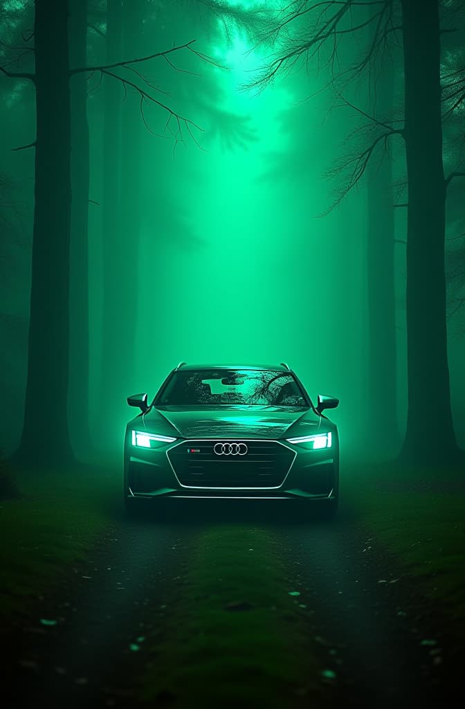  audi rs8 in green foggy forest neon hyperrealistic, full body, detailed clothing, highly detailed, cinematic lighting, stunningly beautiful, intricate, sharp focus, f/1. 8, 85mm, (centered image composition), (professionally color graded), ((bright soft diffused light)), volumetric fog, trending on instagram, trending on tumblr, HDR 4K, 8K