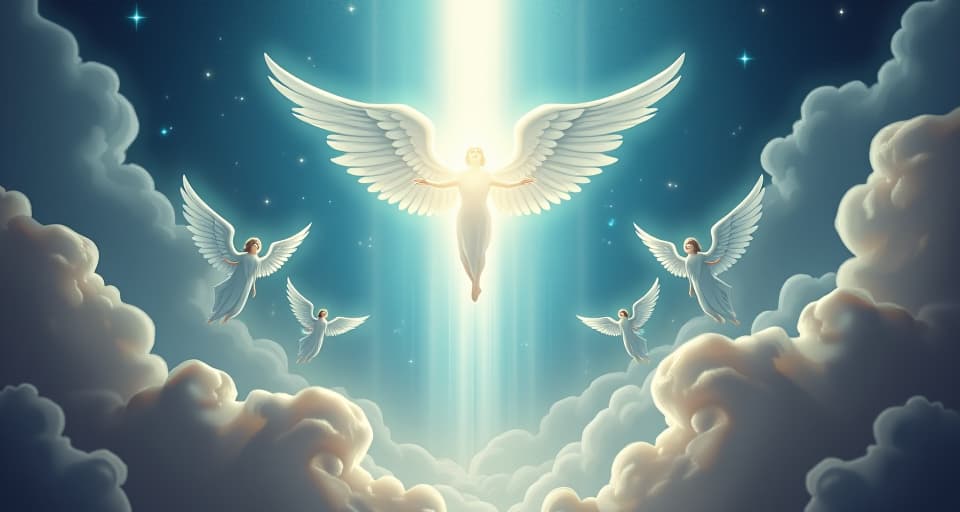  a scene of the heavens opening up, with radiant light pouring down, celestial beings with glowing eyes and wings, their expressions solemn, representing a divine command. the style is digital art illustration,highly detailed, whimsical,magical, dreamlike atmosphere, realism and fantasy blend, smooth, glossy textures,luminous quality, wonder and enchantment.