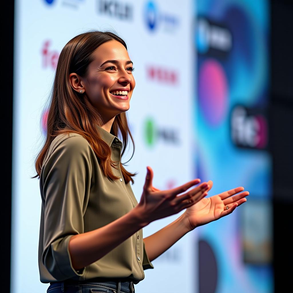  a young woman smiling while speaking onstage, white background with corporate logos blurred out, tech conference ,best quality, masterpiece, highres, highly detailed