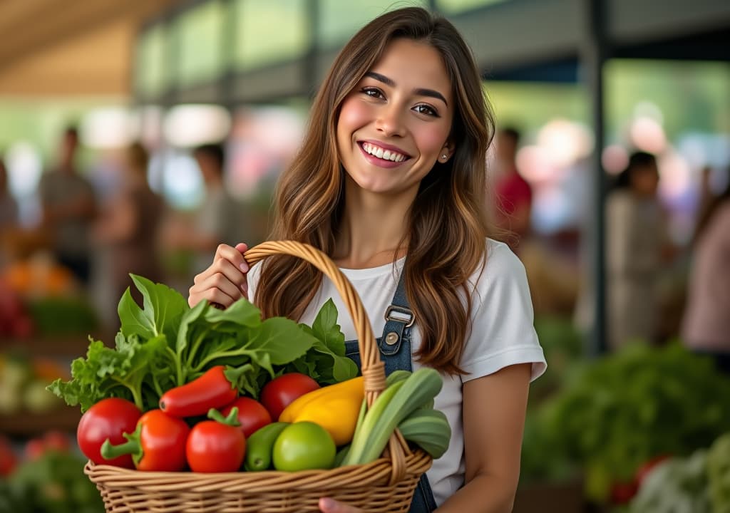  young woman holds a basket of fresh produce at a farm market. a woman smiles while carrying a basket filled with colorful vegetables at a market.