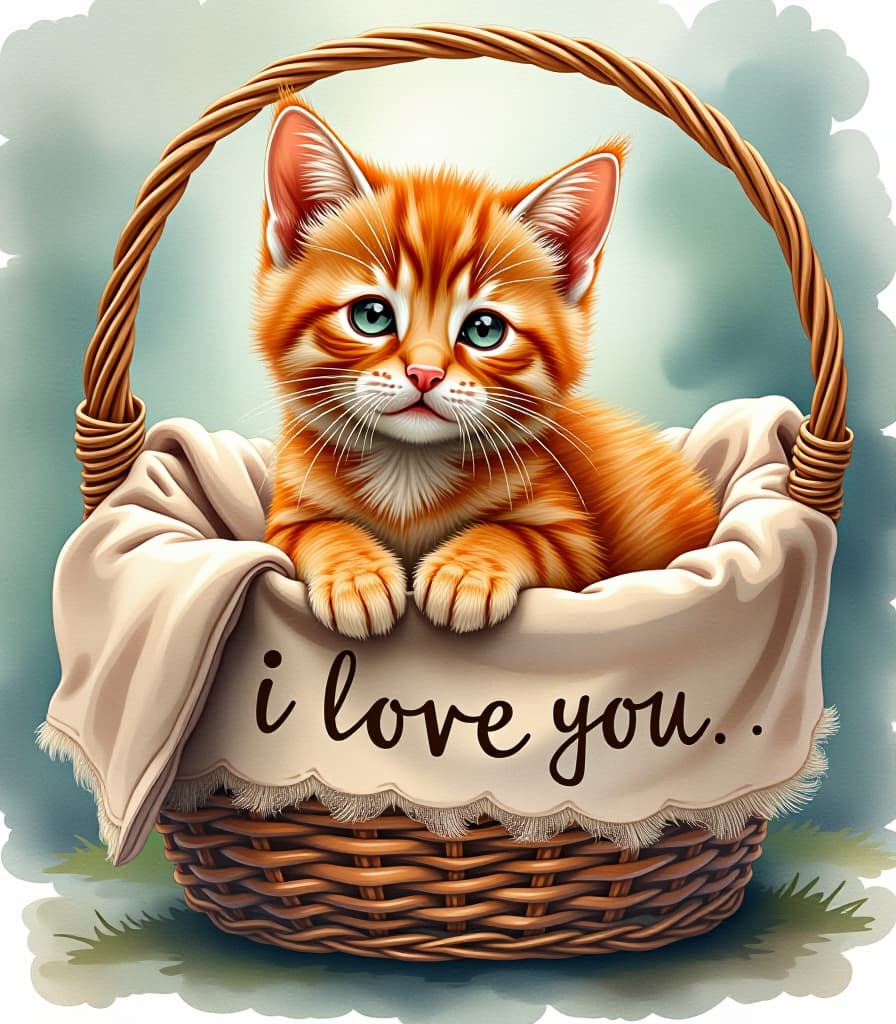  watercolor painting masterpiece. (a beautiful ginger kitty in a basket with “i love you” written on it. watercolor. intense close up:1.5). highly detailed strokes, clarity. fantasy, surrealism, fairy tale style. . vibrant, beautiful, painterly, detailed, textural, artistic hyperrealistic, full body, detailed clothing, highly detailed, cinematic lighting, stunningly beautiful, intricate, sharp focus, f/1. 8, 85mm, (centered image composition), (professionally color graded), ((bright soft diffused light)), volumetric fog, trending on instagram, trending on tumblr, HDR 4K, 8K