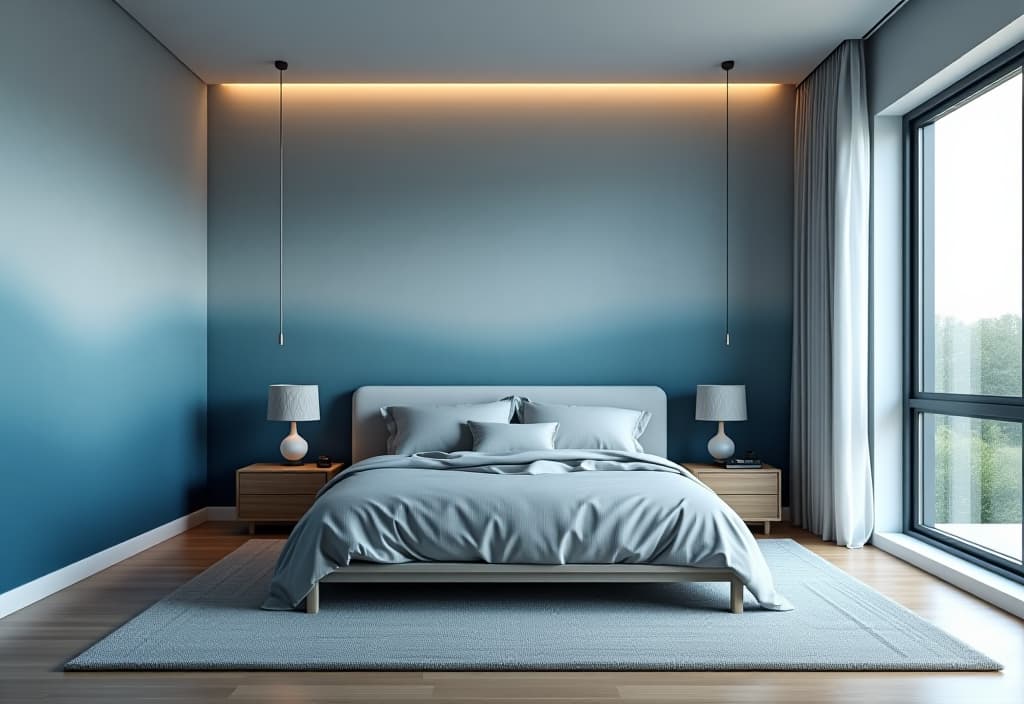  a landscape photo of a sleek bedroom interior featuring an ombre wallpaper effect in calming blue tones, created using cost effective materials hyperrealistic, full body, detailed clothing, highly detailed, cinematic lighting, stunningly beautiful, intricate, sharp focus, f/1. 8, 85mm, (centered image composition), (professionally color graded), ((bright soft diffused light)), volumetric fog, trending on instagram, trending on tumblr, HDR 4K, 8K