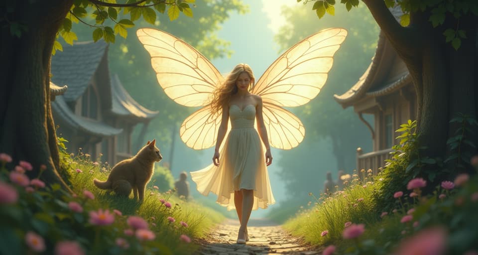  an ethereal fairy with large, translucent wings, surrounded by enchanted creatures, walks among people in a whimsical village. her presence touches lives, unaware of the profound impact, magical and gentle, soft glow.. the style is digital art illustration,highly detailed, whimsical,magical, dreamlike atmosphere, realism and fantasy blend, smooth, glossy textures,luminous quality, wonder and enchantment.