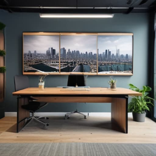 A sleek and modern office space with a panoramic view of a bustling city skyline. The room is filled with a mix of traditional and cutting-edge technology, from classic wooden desks to state-of-the-art computer monitors. Charts and graphs showing stock performance line the walls, alongside green plants and minimalist decor. The atmosphere is one of focus and ambition, a perfect blend of stability and innovation for the savvy investor navigating the complex economic terrain.