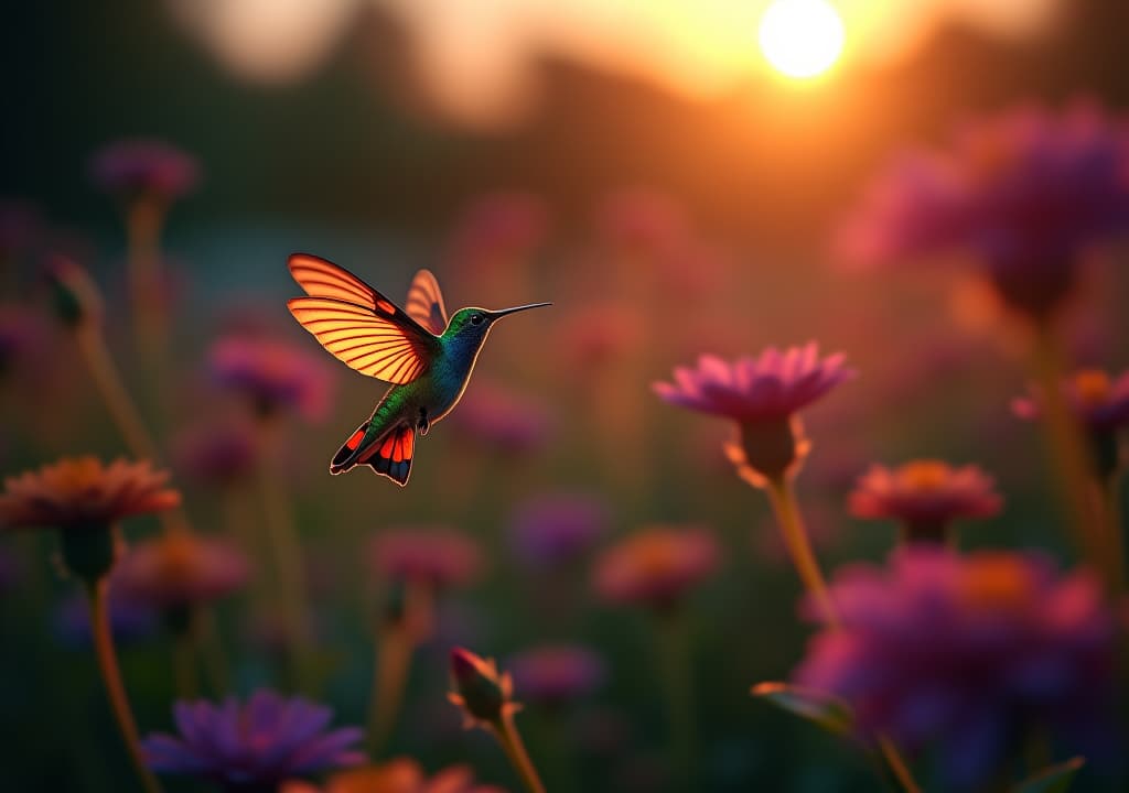  a vibrant garden at dusk, filled with blooming flowers, where ethereal hummingbird moths hover gracefully. soft, glowing light illuminates their iridescent wings, capturing the enchanting dance of nature in rich, vivid colors. hyperrealistic, full body, detailed clothing, highly detailed, cinematic lighting, stunningly beautiful, intricate, sharp focus, f/1. 8, 85mm, (centered image composition), (professionally color graded), ((bright soft diffused light)), volumetric fog, trending on instagram, trending on tumblr, HDR 4K, 8K