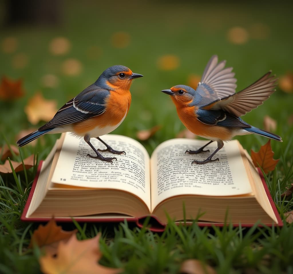  hyperrealistic art books are on the grass, in the book the text of "birds" one bird sits on the books, the second bird flies for books, grass, autumn leaves, autumn . extremely high resolution details, photographic, realism pushed to extreme, fine texture, incredibly lifelike