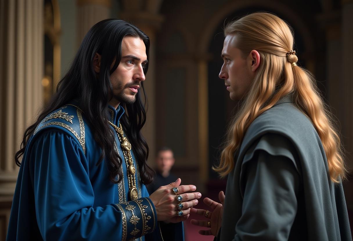  a medieval rich man looking like (jared leto:1.8) is facing a long haired blond interlocutor, who has his back to the viewer, and is explaining something to him. the man has long straight black hair and large bright blue eyes, a (clean unvegetated face:1.7) . he is wearing a rich blue medieval (closed costume:1.7). on his hands are several beautiful gemstone rings. his interlocutor is a tall, broad shouldered (man:1.0) with long (blond:1.5) hair reaching his shoulders and wearing a medieval (gray:1.5) clothes. the setting is that of a luxurious medieval hall in a mansion.