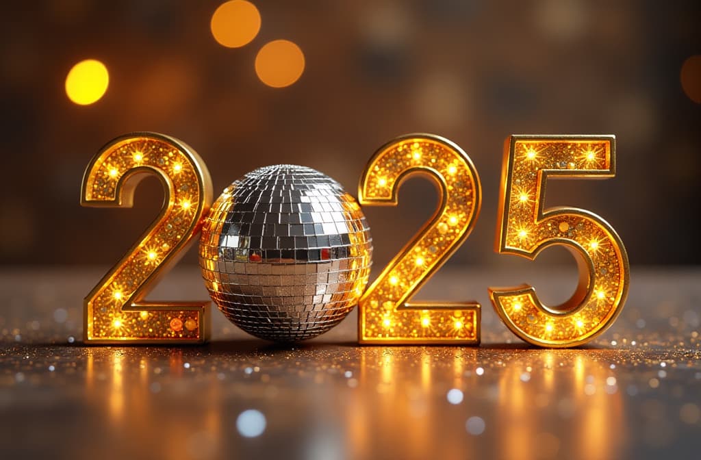  advertising style, stock photo, corporate branding style golden numbers 2025. big silver disco ball instead of the number "0" on the magic shining festive background. space for text . professional, clean, modern, product focused, commercial, eye catching, minimalist, business oriented, highly detailed