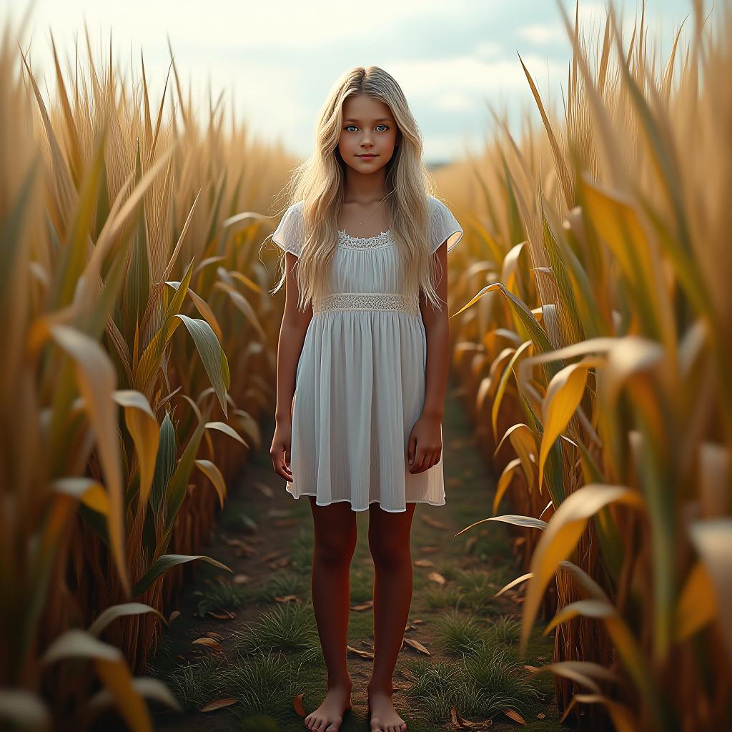  , blonde hair, age 14, full body view, you can see and feet, , , skin, cloth, standing in corn field,, high quality, high details, hd, perfect composition, 4k epic detailed, highly detailed, sharp focus, high resolution