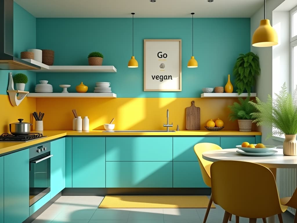  a modern kitchen with turquoise and yellow decor, and a picture on the wall with the text “go vegan!” hyperrealistic, full body, detailed clothing, highly detailed, cinematic lighting, stunningly beautiful, intricate, sharp focus, f/1. 8, 85mm, (centered image composition), (professionally color graded), ((bright soft diffused light)), volumetric fog, trending on instagram, trending on tumblr, HDR 4K, 8K