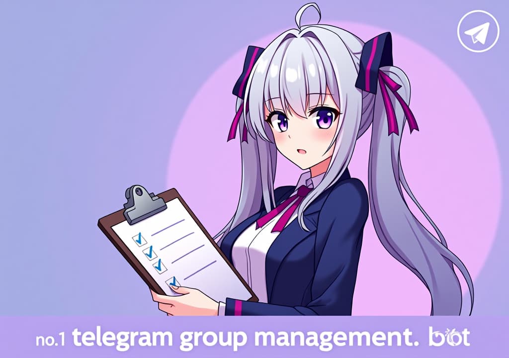  good quality, high quality, a profile picture for a telegram group management bot featuring emilia from re:zero. emilia is depicted with her silver hair and purple eyes, holding a stylized clipboard with a checklist. the background is a soft gradient of purple and blue, symbolizing efficiency and organization. the bottom features a banner poster design with the text "no.1 telegram group management bot " in clean, anime sytle font