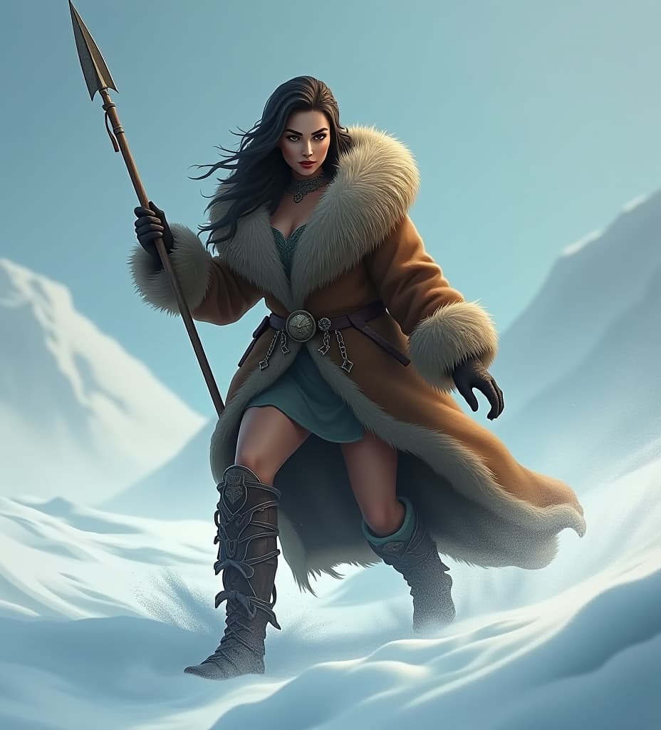  it is the ice age. a voluptuous woman wearing a coat made out of bear skin is hunting in the snow. action pose, spear ready in her left hand. fantasy image. ultra detailed. intricate details. uhd.