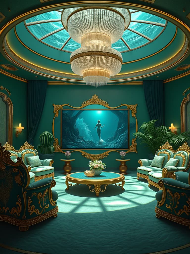  a luxurious mermaid mansion living room in the deep sea. the house is round li and big metallic green and gold ver shiny . with mermaid furniture with a giant tv