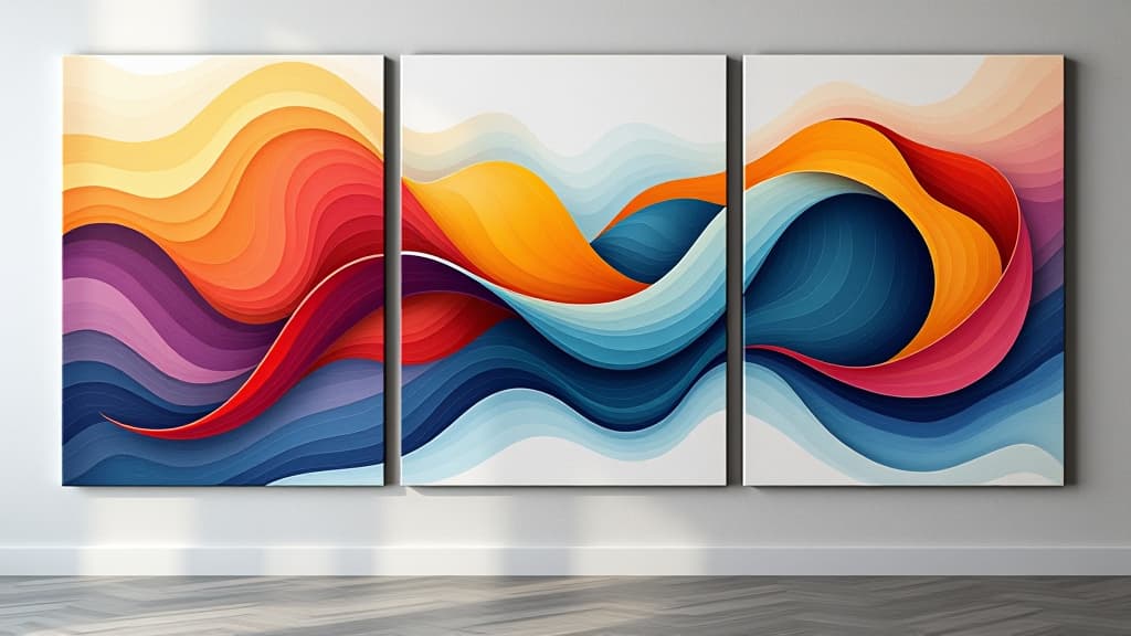  abstract art, a colorful, hand made abstract triptych painting of swirling waves and curved minimalistic shapes, displayed on a wall with a minimalistic background, close up view of the three panel, high quality, high details, hd, perfect composition, 4k epic detailed, highly detailed, sharp focus, high resolution