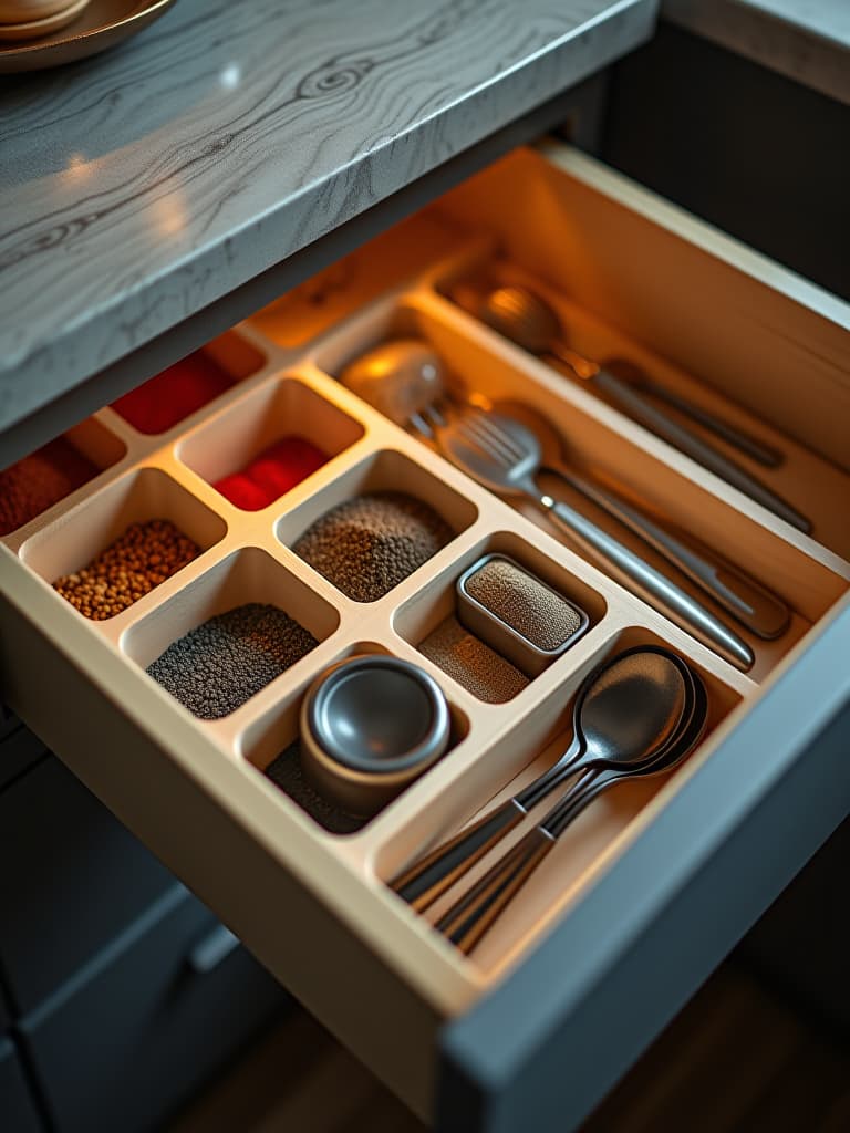  high quality portrait photo of a close up of a beautifully organized small kitchen drawer, showcasing neatly arranged utensils, spices, and gadgets with custom dividers hyperrealistic, full body, detailed clothing, highly detailed, cinematic lighting, stunningly beautiful, intricate, sharp focus, f/1. 8, 85mm, (centered image composition), (professionally color graded), ((bright soft diffused light)), volumetric fog, trending on instagram, trending on tumblr, HDR 4K, 8K