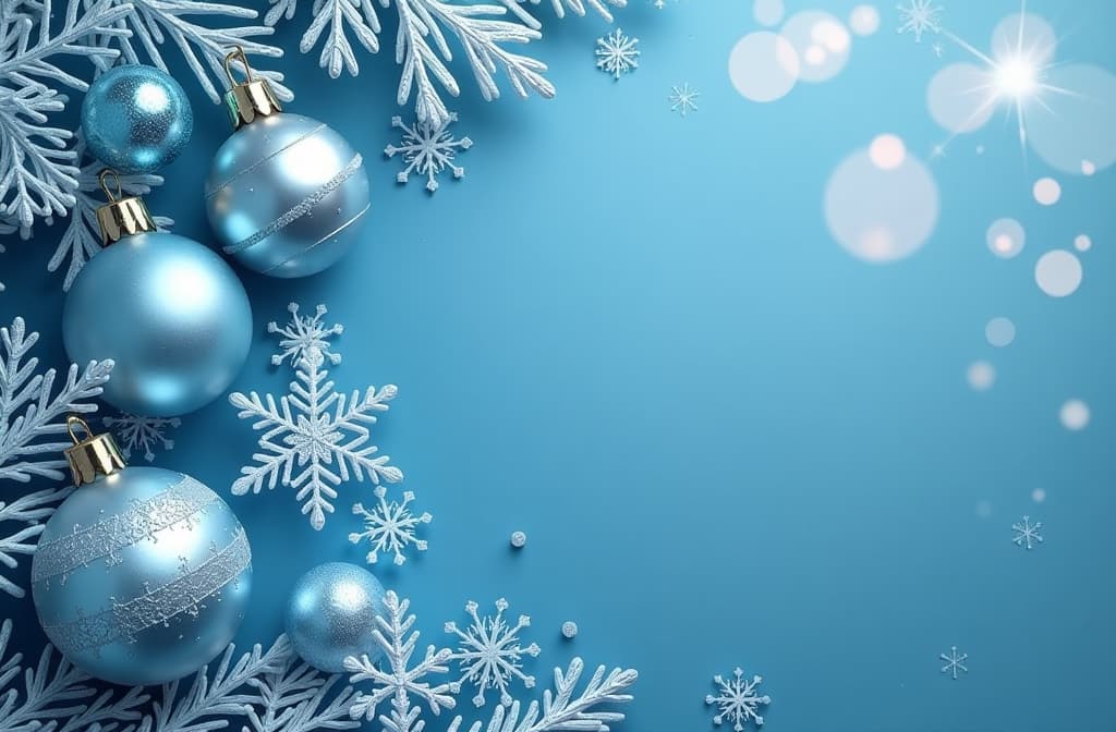  top down view of a clean blue background with snowflakes and christmas ornaments scattered in the top left corner. the ornaments are shiny in silver and blue tones, snowflakes delicately placed around them. soft bokeh lights create a blurred effect on the right side, leaving space for text ar 3:2 {prompt}, maximum details