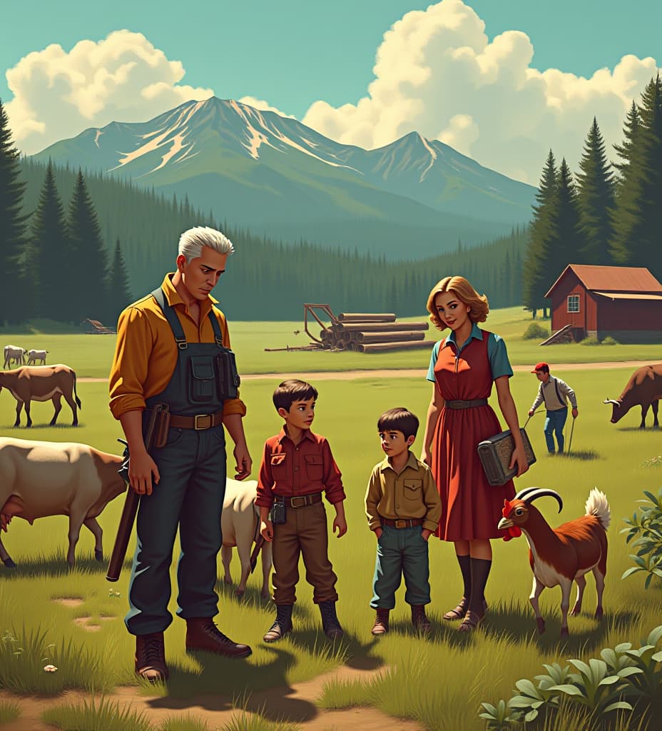  atompunk ilation, a realistic farm scene featuring a caucasian family of seven. the family includes a 3 old father, a 3 old mother, a old , a old , a old african american , a old , and a . they are living on a farm with livestock, including goats, chickens, and cows, and there's logging activity taking place nearby. the father is dressed in lumberjack clothes, the ren are playing and working around the farm, and the mother is tending to the animals. the scene captures the warmth and togetherness of family life in a rustic, farm setting., retro futuristic, atomic age aesthetics, sleek lines, metallic textures, futuristic technology, optimism, energy