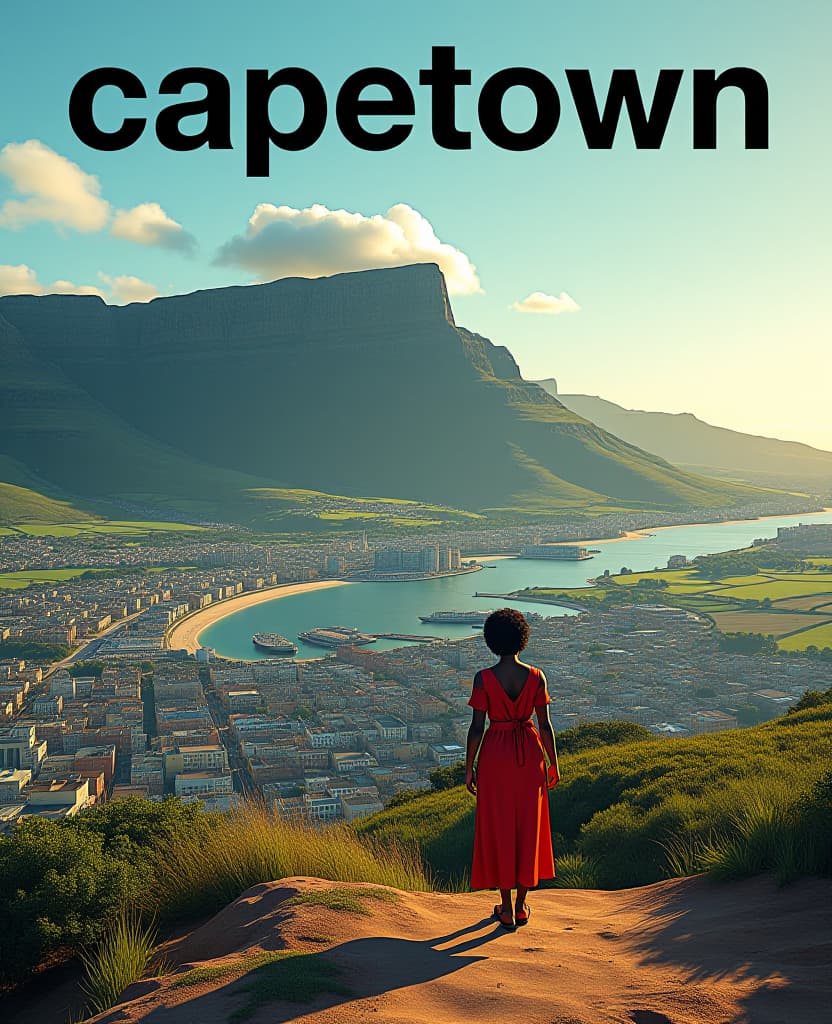  a comic book cover for a south africa travel guide capetown landscape the title of the comic has the text "capetown" at the top of the page. at the bottom of the page it says "travelling guide" hyperrealistic, full body, detailed clothing, highly detailed, cinematic lighting, stunningly beautiful, intricate, sharp focus, f/1. 8, 85mm, (centered image composition), (professionally color graded), ((bright soft diffused light)), volumetric fog, trending on instagram, trending on tumblr, HDR 4K, 8K