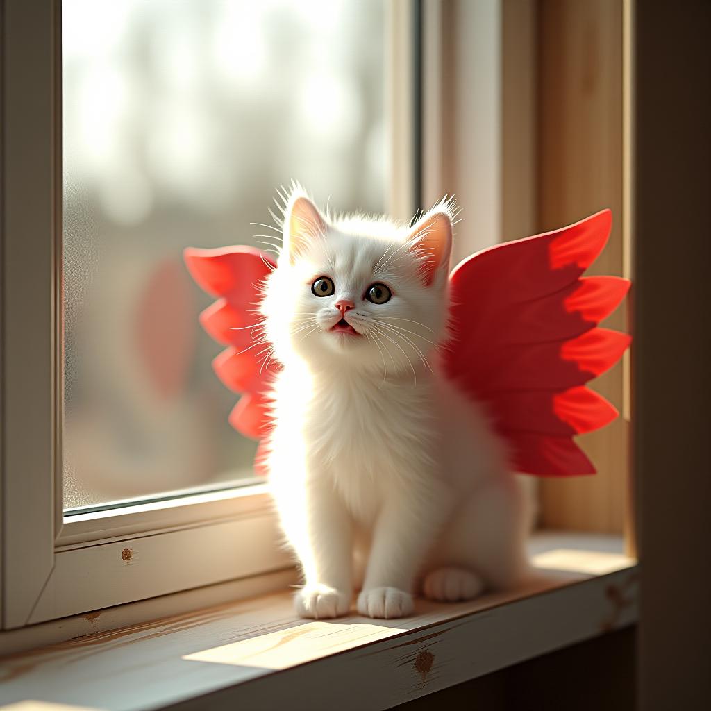  the little white kitten with red wings is sitting on the windowsill.