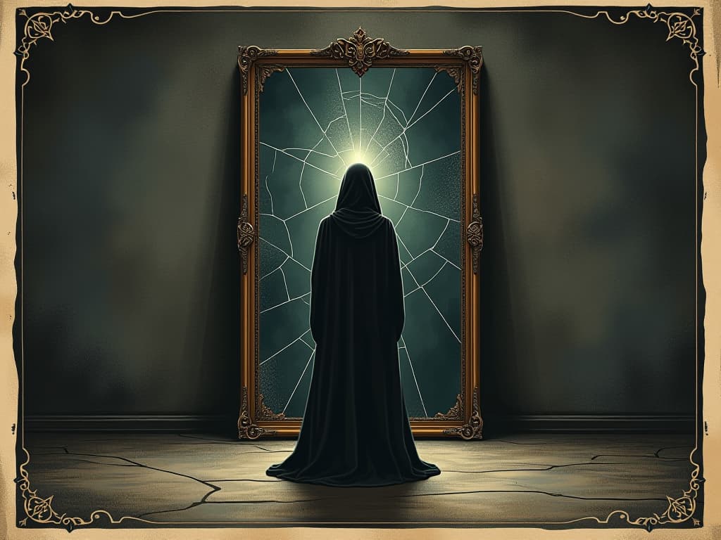  a person standing before a cracked mirror, distorted reflection, sense of unease, dim lighting, eerie mood.. an illustration in the style of a worn, mystical old tarot trump card, mysterious and elements of surrealism. the colors are muted, somber and eerie, but with contrast bring out an occult and esoteric vibe.