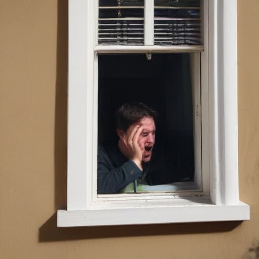 A MAN WEEPING INTO A ROOM THROUGH WINDOW FROM STREET